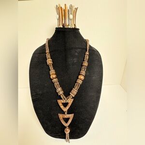 Brown Wooden Beaded Necklace with Complementary Stretch Bracelet